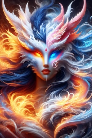 fire and ice dragon, anthropomorphic. head and shoulders portrait, hyperdetailed, 1girl, four elements, shadowlike deity, dreamlike, breathtaking hyperdetailed fantasy art, beautiful water cold colours, insane depth, perfect composition, intricate detail, beautiful vibrant background 1girl, solo, hair ornament, blue eyes, flower, lips, ocean flowing water, feathers, realistic, dark
