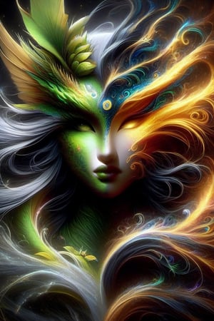 nature and water dragon, anthropomorphic. head and shoulders portrait, hyperdetailed, 1girl, shadowlike deity, dreamlike, breathtaking hyperdetailed fantasy art, beautiful colours, insane depth, perfect composition, intricate detail, beautiful vibrant background 1girl, solo, hair ornament, green eyes, flower, lips, leaf, feathers, realistic, dark
