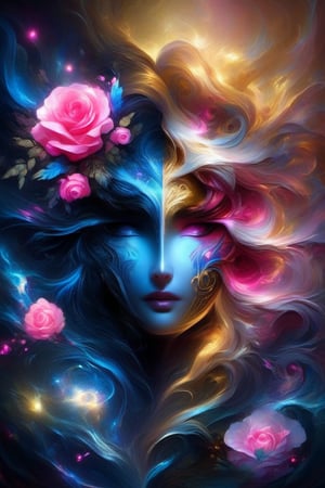 beautiful water deity, centred, fantasy forest at night, dark blue sky, photo, beautiful glowing pink and gold roses, beautiful, Michael Garmash, Carne Griffiths, Jean Baptiste Monge, strybk style, warm dreamy lighting, matte background, volumetric lighting, fluid acrylic, dynamic gradients, bold color, illustration, highly detailed, simple, smooth and clean vector curves, no jagged lines