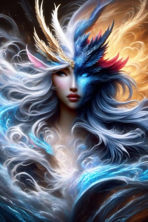 ice and water dragon, anthropomorphic. head and shoulders portrait, hyperdetailed, 1girl, four elements, shadowlike deity, dreamlike, breathtaking hyperdetailed fantasy art, beautiful water cold colours, insane depth, perfect composition, intricate detail, beautiful vibrant background 1girl, solo, hair ornament, blue eyes, flower, lips, ocean flowing water, feathers, realistic, dark
