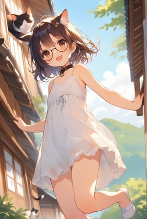 beautiful details, uniform 8K wallpaper, high resolution, exquisite texture in every detail,  beautiful illustration,manga touch

1girl, (((very young girl))), shyness,
summer, japanese countryside, in lakeside,
white Summer-like camisole dress , blue line ribbon, lots of lace,

((nekomimi)),Cat ears the same color as her hair,
short hair, open mouth, (glasses), round eyes, cat collar, , black hair, smile, :3,

in the park, play with cats,
frying,  jumping, fluttering in the wind,

shot angle is slightly tilted, adding dynamic movement to the shot, shot from side and below,
looking at cats, arms up, arm in cat, hand on cat, 
dynamic action,

nekomimimeganekao,Deformed