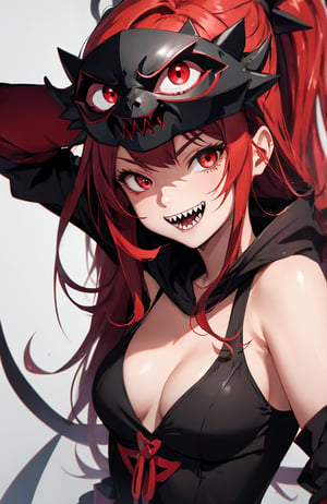 sharp teeth, High resolution, retouching, sharp smile on the mask, red eyes, red hair, cara perfecta,anime,h4l0w3n5l0w5tyl3DonML1gh7,JessicaWaifu, gek,fangs