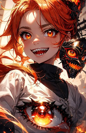 sharp teeth, High resolution, retouching, sharp smile on the mask, orange eyes, orange hair, cara perfecta,anime,h4l0w3n5l0w5tyl3DonML1gh7,JessicaWaifu, gek,fangs,1face,flaming eye