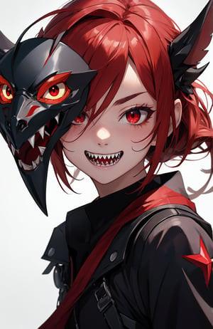 sharp teeth, High resolution, retouching, sharp smile on the mask, red eyes, red hair, cara perfecta,anime,h4l0w3n5l0w5tyl3DonML1gh7,JessicaWaifu, gek,fangs