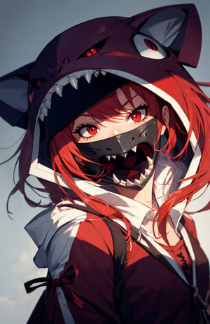 sharp teeth, High resolution, retouching, sharp smile on the mask, red eyes, red hair, cara perfecta,anime,h4l0w3n5l0w5tyl3DonML1gh7,JessicaWaifu, gek,fangs