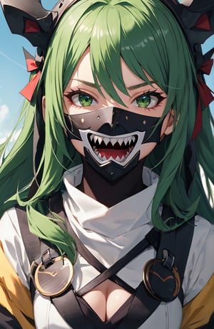 sharp teeth, High resolution, retouching, sharp smile on the mask, fair eyes, green hair, cara perfecta,anime,h4l0w3n5l0w5tyl3DonML1gh7,JessicaWaifu, gek,fangs,1face