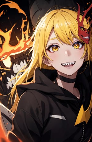 sharp teeth, High resolution, retouching, sharp smile on the mask, yellow eyes, yellow  hair, cara perfecta,anime,h4l0w3n5l0w5tyl3DonML1gh7,JessicaWaifu, gek,fangs,1face,flaming eye