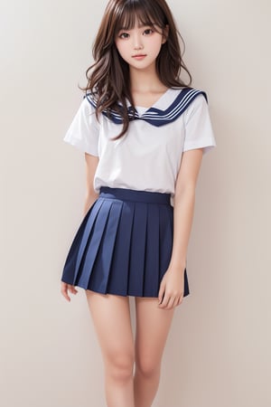 1cute girl, 20yo, small cute face, brown long wavy hair, bangs, wearing a short sleeve sailor unit and navy pleated skirt, simple white background, simple white wall, realistic, photorealistic, ultra high res, ultra detailed, best quality, masterpiece , ((beautiful pubic hair:1.2)),flat_chest,((full_body)),((beautiful legs))