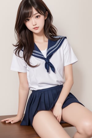 1cute girl, 20yo, small cute face, brown long wavy hair, bangs, wearing a short sleeve sailor unit and navy pleated skirt, simple white background, simple white wall, realistic, photorealistic, ultra high res, ultra detailed, best quality, masterpiece , ((beautiful pubic hair:1.2)),flat_chest,((full_body)),((beautiful legs))