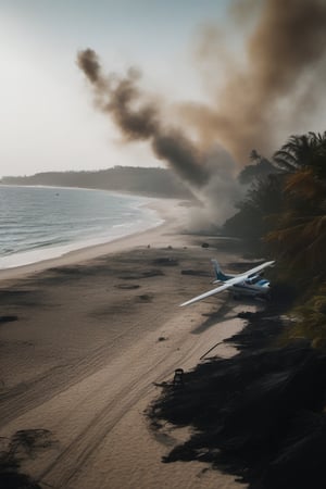 A airplane crashsite near a beach. Area covered with smoke