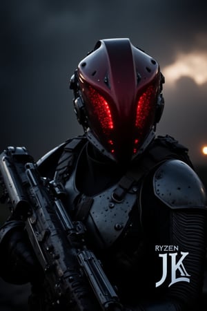 FuturisticWarrior style,, The image is a digital art piece that appears to be a futuristic or sci-fi scene. It shows a close-up of a gallente assault's head and upper body, with a metallic armor-like appearance. The gallente assault's face is covered in red eyes, giving it a futuristic and ominous look with modern weapon on hand. The background is a dark, cloudy sky with a hint of smoke or dust. The overall mood of the image is dark and ominous. The word "RYZEN" is written in white text on the bottom right corner, with the word "JK" in a larger font size than the rest of the text.