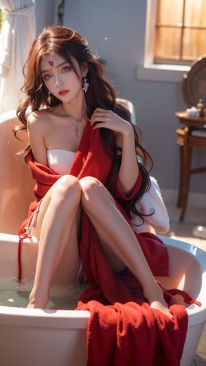 1 Japanese girl, (dark red hair), (long curly hair), (tied hair), (medium chest), (bath towel), (red bath towel), (red bath towel surrounds the body 360 degrees),, (red bath towel flat chest 360 degrees around the private parts), silver earrings, silver necklaces, silver bracelets, the sun shines into the room and bathroom background,