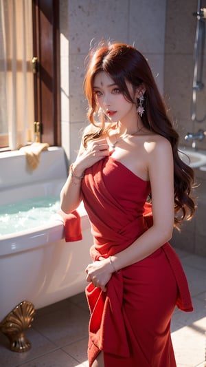 1 Japanese girl, (dark red hair), (long curly hair), (tied hair), (medium chest), (bath towel), (red bath towel), (red bath towel surrounds the body 360 degrees),, (red bath towel flat chest 360 degrees around the private parts), silver earrings, silver necklaces, silver bracelets, the sun shines into the room and bathroom background,坐著,回頭看