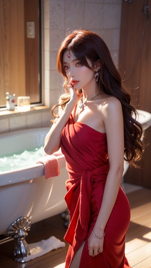 1 Japanese girl, (dark red hair), (long curly hair), (tied hair), (medium chest), (bath towel), (red bath towel), (red bath towel surrounds the body 360 degrees),, (red bath towel flat chest 360 degrees around the private parts), silver earrings, silver necklaces, silver bracelets, the sun shines into the room and bathroom background,