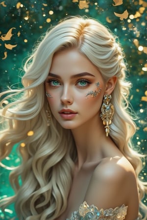 A rococo-style girl with the highest quality and detailed features, showcasing long, wavy white hair and mesmerizing green eyes adorned with intricate silver decorations on her face. She wears silver earrings and gold-colored lipstick, with her eyes rendered in extreme detail, embodying the essence of a PCV character. The scene is set with opulent magic elements, enhancing the overall aesthetic with a blend of elegance and mysticism. The composition is framed with meticulous attention to detail, ensuring every aspect is of perfect quality, from her delicate facial features to the magical ambiance surrounding her.