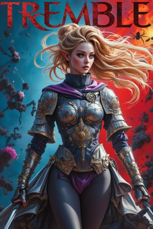 A vibrant anime magazine cover featuring a realistic, dynamic female figure standing with two swords in hand, her legs engulfed in thick black mist. Her flowing golden hair, tied in a high ponytail, and silver-gray cape are blown back by the wind, her resolute gaze fixed on something to her right. The background is a deep blue transitioning to fiery red, with bold, dark fantasy-style text at the top: TREMBLE - 戰慄, incorporating a spider within the letters. The girl has long, pointed ears and is slowly walking while attacking invisible enemies with magical weapons. Her smooth black skin and heavily dented silver armor indicate numerous battles. She wears silver-purple undergarments and has perfect hands, embodying a terrifying yet stunning beauty. The spider emblem on her armor signifies her unwavering loyalty to her dark mistress.