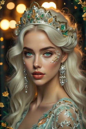 A rococo-style girl with the highest quality and detailed features, showcasing long, wavy white hair and striking green eyes adorned with intricate silver decorations on her face. She wears silver earrings and gold-colored lipstick, with her eyes rendered in extreme detail, capturing the essence of a PCV character. The scene is set with opulent magic elements, enhancing the overall aesthetic with a blend of elegance and mysticism. The composition is framed with meticulous attention to detail, ensuring every aspect is of perfect quality, from her delicate facial features to the magical ambiance surrounding her.