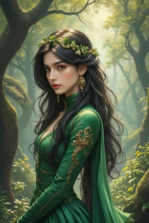 Anime style illustration of an extremely detailed, radiant 35-year-old spirit in a sun-dappled forest glade. Her dynamic posture and ethereal features are illuminated by the soft morning light. A crown of flowers adorns her long black hair, and exquisite green armor wraps her graceful figure. Leaf-patterned tights and gold-edged earrings add subtle charm to her divine face. Her emerald eyes sparkle like gems, set in a masterpiece of beauty beyond human comprehension. The vibrant visuals of color and intertwining black and white lines mimic the intricate crystal structures that adorn her.