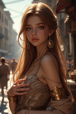 A stunning 8K CG masterpiece depicting the bustling streets of ancient Rome in natural light, with light and shadow creating depth. A very beautiful woman with long, flowing hair as soft as silk, wearing exquisite, luxurious clothing, poses in an authentic street stall. Her delicate face, smart eyes, long eyelashes, and delicate nose are meticulously detailed, along with her earrings, bracelets, gold bracelets, and rings, as if she stepped out of an art museum. Natural light gives her a beautiful glow, enhancing her beauty. A delicate hand holds the vendor's goods, and her eyes seem to hold the secrets of the ancient city. Shadows dance across the scene, adding depth and dimension to this ultra-detailed, realistic illustration.