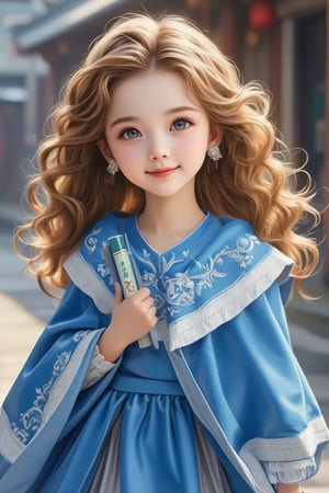 Close-up of a beautiful Korean supermodel with long golden silky curly hair, big blue eyes, and long eyelashes. She wears an aristocratic school uniform: a blouse, a Jsk, a short jacket, a small cape, and a big cope, with blue as the theme color and white edges with embroidered blue patterns. The skirt reaches the thigh, paired with big white garters and blue short boots, creating a beautiful and bookish look. She holds a few books for class, smiling directly into the camera, extremely happy, preparing to sign up for classes. The school's luxurious facilities are only accessible to children of nobles. The girl is a talented woman with a high IQ, in danger as a boy follows her, but she is not afraid, having a sixth-degree black belt in Taekwondo and studying martial arts. Official art, masterpiece, light and shadow.