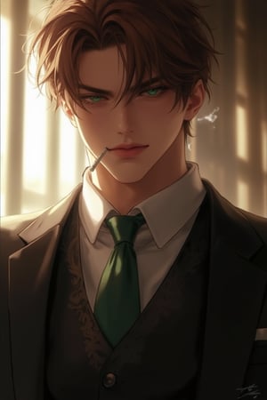 (Best Quality, 128K, High Definition, Masterpiece: 1.2), Ultra Detailed, (Realistic: 1.37), A 188cm tall man with very fair skin, short brown hair, wearing formal attire, holding a basketball. His handsome and delicate green eyes were focused and his pursed lips showed determination. He stood in front of the floor-to-ceiling window of a large private office, with backlight, smoking a cigarette, and his mood was very serious. His eyes looked at the camera, and he smiled coldly. A poised movement. Male focus, high resolution detail. Rococo art, anime style. Incredible and mysterious atmosphere.