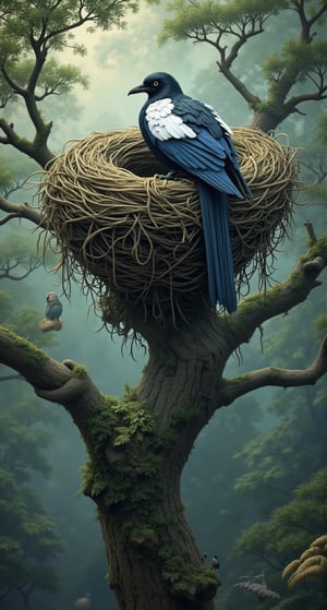 Solo, on an ancient large tree, there is a big nest with a bird resembling a crow. Upon closer inspection, it is a magpie with a white patch on its back, a blue feather near its tail, and white feathers on its chest. Its tail is slightly longer than a crow's. Beautiful, it is the magpie from ancient Han Chinese culture, still existing today. Despite its beauty, it can sometimes attack humans like a crow. Detailed, hyper-realistic, captured with modern photography techniques, a great photo.