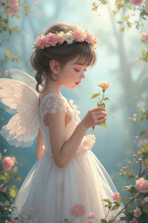 A little girl holding a delicate flower in her hand, standing in a whimsical, fairy-like setting. The artwork is a blend of styles inspired by Nicoletta Ceccoli, Penny Patricia Poppycock, Lü Ji, Susan Heidi, and Jeka Kemp. The scene is rendered in cute, detailed digital art by a Korean artist, capturing the essence of a flower fairy. Soft, pastel lighting enhances the magical atmosphere, with the girl's pose and the intricate details of the flower and fairy elements creating a serene, enchanting composition.