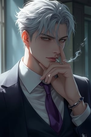 (Best Quality, 128K, High Definition, Masterpiece: 1.2), Ultra Detailed, (Real: 1.37), A 188cm tall man with extremely white skin, short silver hair, wearing formal clothes, he is handsome and detailed green Eyes focused and focused, lips pursed in determination. He stood in front of the floor-to-ceiling window of a large private office, with backlight, smoking a cigarette, and his mood was very serious. His eyes looked at the camera, and he smiled coldly. A poised movement. Male focus, purple tie, watch, sapphire ring, high resolution details. Rococo art, anime style. Incredible and mysterious atmosphere. (whole body)