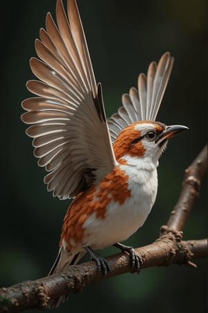 A sparrow perched on a branch, wings spread and flapping, captured in an ultra-professional 8K photograph with a fast shutter speed. The scene is illuminated by strong backlight, creating very contrasting shadows that accentuate the bird's delicate and detailed feathers. The background is slightly blurred, focusing attention on the sparrow's very fine details, including the texture of the branch and the intricate patterns on the wings. The composition is a masterpiece, capturing a moment of miracles.