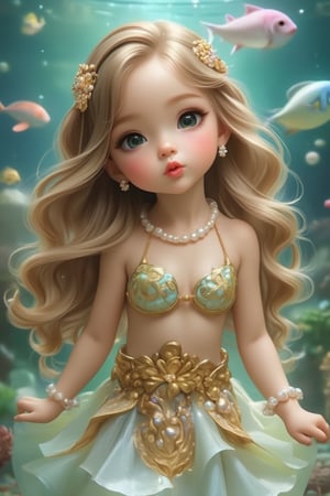 In a large seawater aquarium museum, an aquarium showcases a cute Q-version girl as a real golden mermaid, using shells to cover key parts of her chest. Her beautiful golden wavy silky long hair spreads out in the water, and she slightly purses her lips, looking directly at the audience. She wears hairpins, a rainbow pearl necklace, pearl earrings, and pearl bracelets. With big smart green eyes and long eyelashes, she is very beautiful and cute. The aquarium also features other fish species and aquatic plants. The focus of the scene is her playful expression and bright colors. This stunningly beautiful artwork captures the essence of a joyful moment.