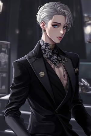 A solo singer in an anime style, depicted as a sleazy man with an aesthetic French gentleman vibe. He has short silver hair, blue eyes, and wears emo aristocratic makeup, including eye shadow and rococo chic style. Dressed in a chic black suit with a royal pattern tie, he accessorizes with a titanium watch, earrings, and a luxury silver lapel pin chain. A floral handkerchief peeks from his chest pocket. His slender legs and tall stature add to his handsome appearance. The scene captures him in a dynamic pose, with soft lighting enhancing his rococo chic style.