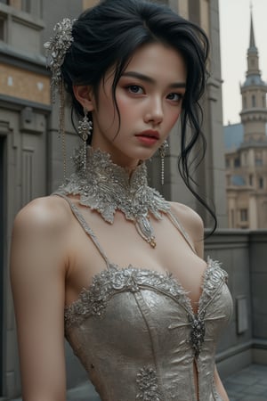 A full portrait of an elegant, ornate young Victorian girl, depicted in a heroic stance. She has black hair with titanium trim, styled in silver silk, and is set against a grand castle backdrop. The head and shoulders portrait is rendered in ultra-high 128k resolution, showcasing intricate details. The artwork is a masterpiece, with top quality and beauty, inspired by Leonardo's style. The girl exudes cyberpunk vibes, with a full-body depiction, and is created by midjourneyart.