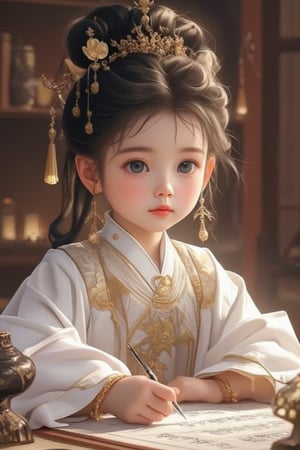 In the ancient Han Dynasty, a beautiful little girl's boudoir was filled with gorgeous furniture. In ancient times, there was a pen and inkstone on the ancient desk. Her father was the prime minister, so she was proficient in piano, chess, calligraphy, and painting. The most special thing is that she has big blue eyes, because her mother is a foreign princess.
The ancient bun, hairpin, beads, earrings, gold bracelets, and the exquisite gold embroidery on the Hanfu made her look noble and elegant. She was writing ancient cursive script with a brush, and the fonts were generous and strong. powerful. Look directly at the audience. The whole picture is full of ancient scholarly atmosphere and the beauty and talent of women. Official art. masterpiece. The light and shadow are soft and beautiful.