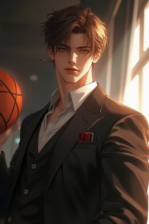 (Best Quality, 128K, High Definition, Masterpiece: 1.2), Ultra Detailed, (Realistic: 1.37), A 188cm tall man with very fair skin, short brown hair, wearing formal attire, holding a basketball. His handsome and delicate green eyes were focused and his pursed lips showed determination. He stood in front of the floor-to-ceiling window of a large private office, with backlight, smoking a cigarette, and his mood was very serious. His eyes looked at the camera, and he smiled coldly. A poised movement. Male focus, high resolution detail. Rococo art, anime style. Incredible and mysterious atmosphere.