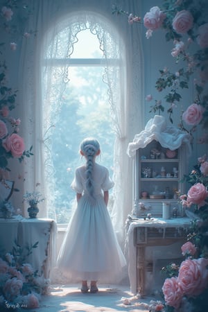 Enchanted Whispers by kyo8sai, a mesmerizing visual masterpiece featuring a girl with silver hair in a delicate braid, adorned with a ribbon, standing in a room filled with kawaii elements and light blue and pink roses. The scene is bathed in cinematic lighting, with floral prints and lace curtains creating a dreamy atmosphere. An elf boy with silver hair stands in a full-body shot, adding a touch of mystery. The dollhouse in the background is adorned with stars, flowers, and gems, enhancing the whimsical, fairy-tale charm. The room exudes a blend of pink gothic and pastel colors, with miscellaneous goods and an antimacassar draped over the dresser. The artwork is signed 'kyo8sai' on the edge, capturing a fusion of art nouveau elegance and kawaii cuteness.