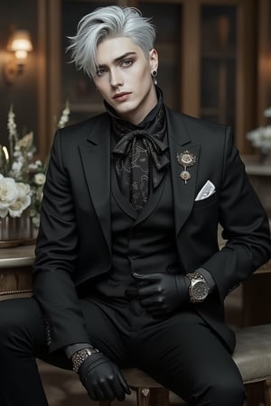 A solo singer in an anime style, depicted as a sleazy man with an aesthetic French gentleman vibe. He has short silver hair, blue eyes, and wears emo aristocratic makeup, including eye shadow and rococo chic style. Dressed in a chic black suit with a royal pattern tie, he accessorizes with a titanium watch, earrings, and a luxury silver lapel pin chain. A floral handkerchief peeks from his chest pocket. His slender legs and tall stature add to his handsome appearance. The scene captures him in a dynamic pose, with soft lighting enhancing his rococo chic style.