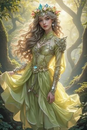 Anime style illustration of an extremely detailed, radiant 20-year-old spirit elf in a sun-dappled forest glade. Her head is adorned with colored crystals, and her dynamic, elegant movements are ethereal and three-dimensional. Illuminated by the soft morning sun, she wears a crown of flowers in her long silver curly hair, and exquisite light green and light yellow armor wraps her graceful figure. Leaf patterned tights and silver edge earrings add subtle glamor to her divine face. Her bright blue eyes sparkle like gems, set in a masterpiece of beauty beyond human comprehension. The air is filled with vibrant visuals of color, as black and white lines intertwine to mimic the intricate crystal structures that adorn her. Neoclassical art style.