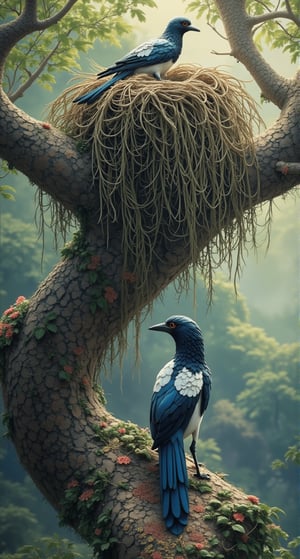 Solo, on an ancient large tree, there is a big nest with a bird resembling a crow. Upon closer inspection, it is a magpie with a white patch on its back, a blue feather near its tail, and white feathers on its chest. Its tail is slightly longer than a crow's. Beautiful, it is the magpie from ancient Han Chinese culture, still existing today. Despite its beauty, it can sometimes attack humans like a crow. Detailed, hyper-realistic, captured with modern photography techniques, a great photo.