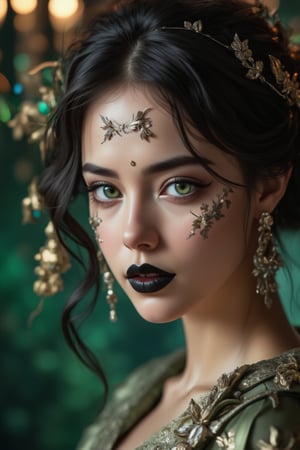 A rococo-style girl with high-quality, detailed features, including black hair and striking green eyes adorned with intricate metal decorations on her face. She wears silver earrings and black lipstick, with her eyes rendered in extreme detail, capturing the essence of a PCV character. The scene is set with opulent magic elements, enhancing the overall aesthetic with a blend of elegance and mysticism. The composition is framed with meticulous attention to detail, ensuring every aspect is of perfect quality, from her delicate facial features to the magical ambiance surrounding her.