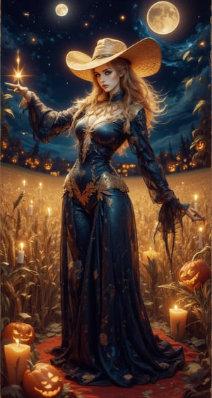 Score_9, score_8_up, score_7_up, A hauntingly beautiful female scarecrow wearing a giant straw hat stands triumphantly in a wheat field lit by Halloween decorations, pumpkin heads and flickering spooky candles. Wax light surrounded her, illuminating her mechanical features and the delicate beauty of her face. Beautiful long wavy golden silky hair, blowing in the wind, ghostly and beautiful at the same time, the dark night sky above is dominated by the majestic planet Saturn, its halo shining like diamonds. She freezes in a powerful pose and stares intently at the viewer with a ferocious expression. Blurred Motion captures the dynamic energy of a scene, placing the viewer right in the middle of the action. Film special effects and Van Gogh's art.