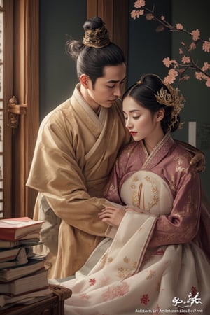 In ancient Korea, a stunning commoner girl faces societal oppression and poverty. Her mother plans to sell her to a brothel, but a kind-hearted scholar, who is thin yet handsome with a refined demeanor, uses his savings to redeem her. They marry, and the girl, now his wife, sells her exquisite embroidery while he studies for the imperial exams. The scene is depicted in an anime style, with a focus on their deep love and mutual support. The composition is framed with soft, romantic lighting, capturing the couple's tender moments and the girl's delicate embroidery work. The scholar is shown in a thoughtful pose, surrounded by books, while the girl's beauty and craftsmanship are highlighted in the detailed background.