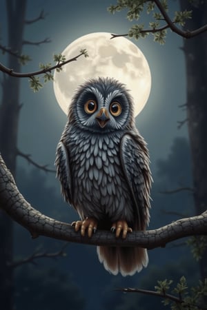 Solo, a digital official art image of a small owl tilting its head to look at the camera. A great photo, with the owl perched on a branch and a large moon in the background. A masterpiece.