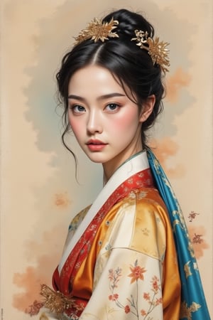 A beautiful European beauty, tall, sexy, and well-proportioned, wears ancient Korean-style clothes and has a hairstyle popular in the ancient Korean dynasty. She exudes a sense of fashionable aristocracy and customs, casual and elegant. The artwork is meticulously and realistically depicted in watercolor and gouache, displaying lifelike quality and masterpiece status. 128K resolution captures colorful light wavelengths, mesmerizing reflections, and the delicate gouache sketch in the center. Ancient art styles highlight beauty and sophistication.