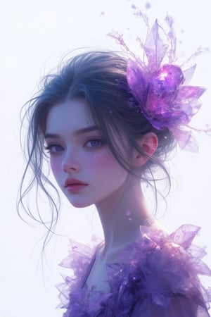 A mysterious realm unfolds, featuring a curious girl with thinning hair and delicate features, standing against a bright white background. In the distance, a dreamlike landscape reminiscent of Studio Ghibli's whimsy. Diamonds sparkle and amethysts glow vividly, illuminated by an ethereal light. The composition uses a subtle double exposure effect, creating a captivating atmosphere of depth and dimension. Rococo punk style.