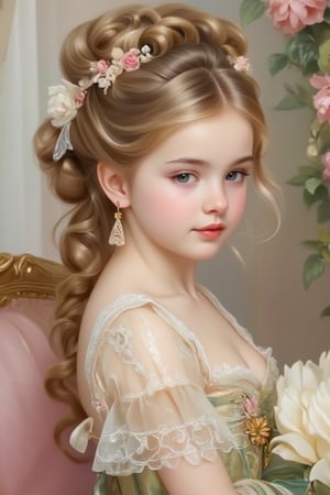 A most beautiful lady in the rococo art style, with delicate features, soft flowing hair, and adorned with elegant lace and ribbons. She wears a luxurious gown with intricate patterns and a gentle, serene expression. The background features soft pastel colors, ornate decorations, and a sense of lightness and grace.