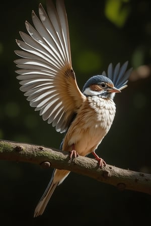 A sparrow perched on a branch, wings spread and flapping, captured in an ultra-professional 8K photograph with a fast shutter speed. The scene is illuminated by strong backlight, creating very contrasting shadows that highlight the bird's delicate and detailed feathers. The background is slightly blurred, focusing attention on the sparrow's very fine details, including the texture of the branch and the intricate patterns on the wings. The composition is a masterpiece, capturing a moment of natural beauty and movement, a work of miracles.