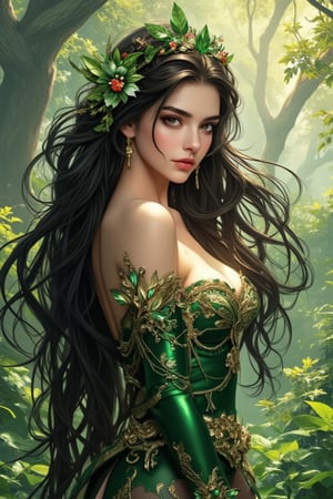 Anime style illustration of an extremely detailed, radiant 35-year-old spirit elf in a sun-dappled forest glade. Her dynamic posture and ethereal features are illuminated by the soft morning sunlight. A crown of flowers decorates her long black hair, and exquisite green armor wraps her graceful figure. Leaf-patterned tights and gold-edged earrings add subtle glamor to her divine face. Her emerald eyes sparkle like gems, set in a masterpiece of beauty beyond human comprehension. The vibrant visuals of color and intertwining black and white lines mimic the intricate crystal structures that adorn her.