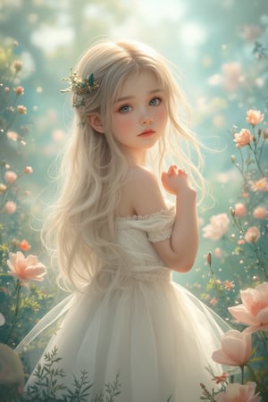 A little girl holding a delicate flower in her hand, standing in a whimsical, fairy-like setting. The artwork is a blend of styles inspired by Nicoletta Ceccoli, Penny Patricia Poppycock, Lü Ji, Susan Heidi, and Jeka Kemp. The scene is rendered in cute, detailed digital art by a Korean artist, capturing the essence of a flower fairy. Soft, pastel lighting enhances the magical atmosphere, with the girl's pose and the intricate details of the flower and fairy elements creating a serene, enchanting composition.