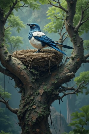 Solo, on an ancient large tree, there is a big nest with a bird resembling a crow. Upon closer inspection, it is a magpie with a white patch on its back, a blue feather near its tail, and white feathers on its chest. Its tail is slightly longer than a crow's. Beautiful, it is the magpie from ancient Han Chinese culture, still existing today. Despite its beauty, it can sometimes attack humans like a crow. Detailed, hyper-realistic, captured with modern photography techniques, a great photo.