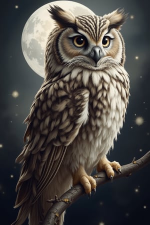 Solo, a digital official art image of a small owl tilting its head to look at the camera. A great photo, with the owl perched on a branch and a large moon in the background. A masterpiece.